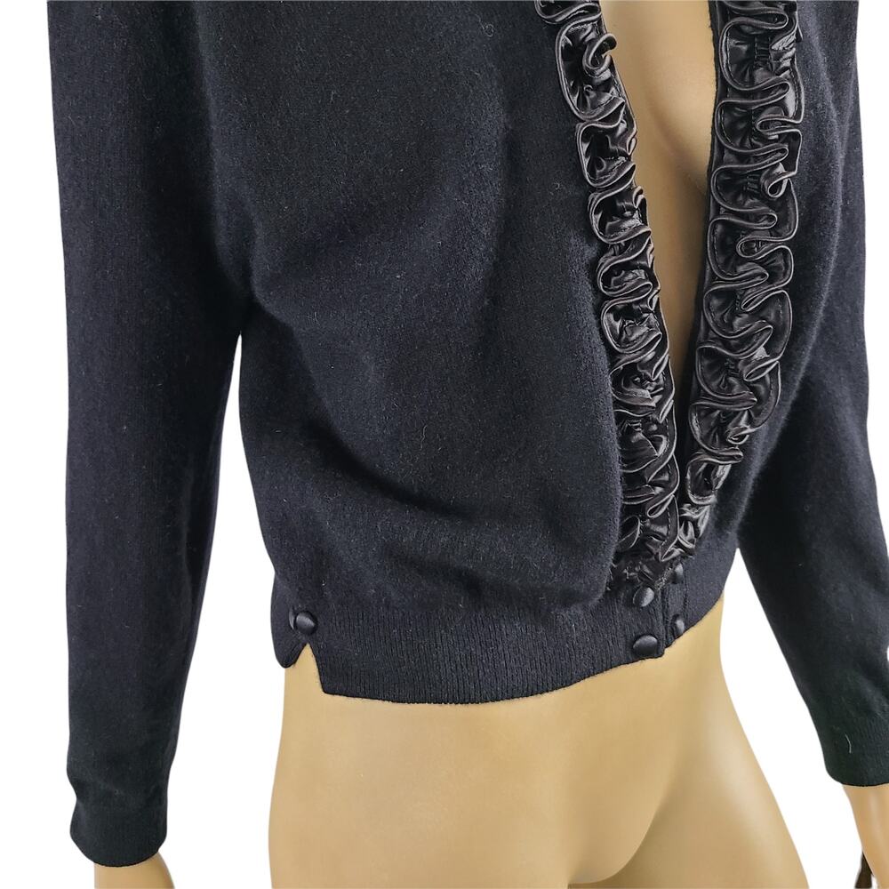 Dalton Cashmere Cardigan Vintage 50s Pinup Scroll Ruffle Trim Cinch Waist Black - Picture 4 of 16